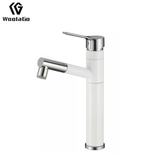 Tidjune Chrome & White Faucet Vessel Sink Tall Single Handle Pull Out Sprayer Bathroom Sink Faucet J198-W